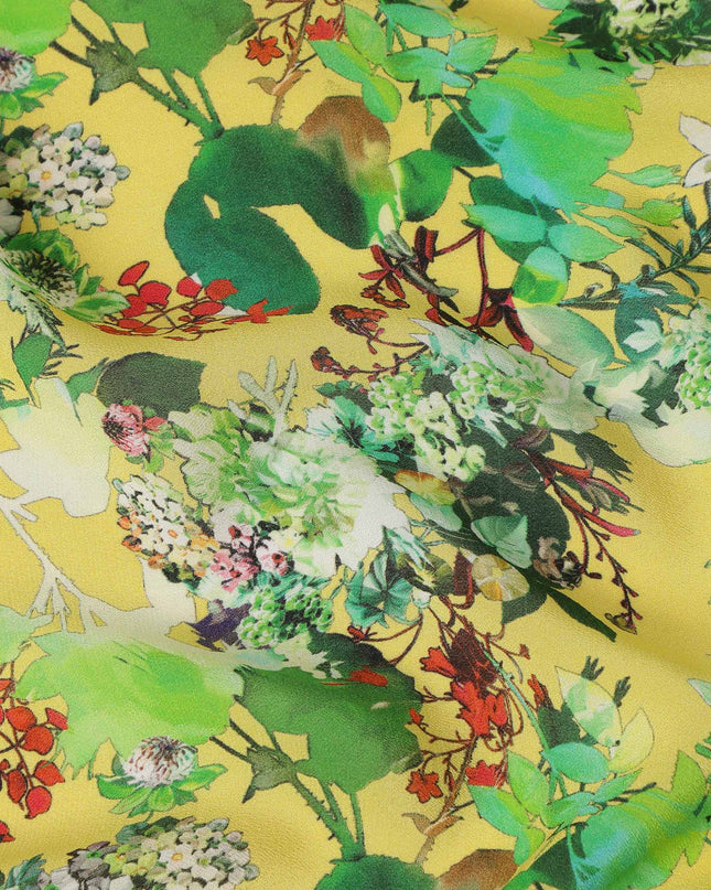 Yellow Floral Printed Premium Pure Silk Crepe Fabric Botanical Garden Design Soft Lightweight Dress Material 110 Cms Width India-D27984