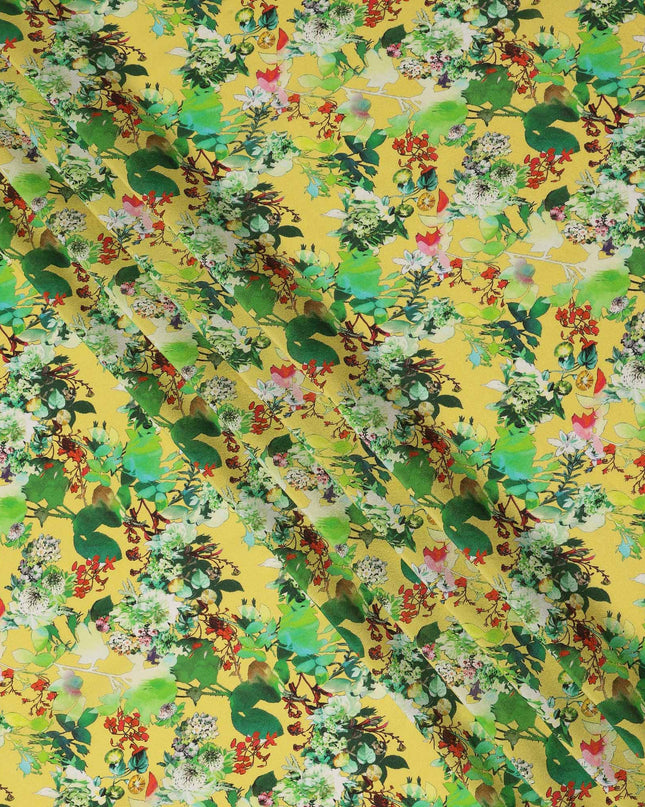 Yellow Floral Printed Premium Pure Silk Crepe Fabric Botanical Garden Design Soft Lightweight Dress Material 110 Cms Width India-D27984