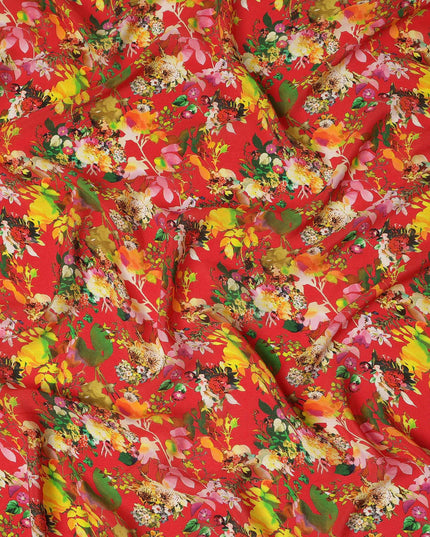 Red Floral Printed Premium Pure Silk Crepe Fabric Multicolor Botanical Garden Design Soft Lightweight Dress Material 110 Cms Width India-D27985