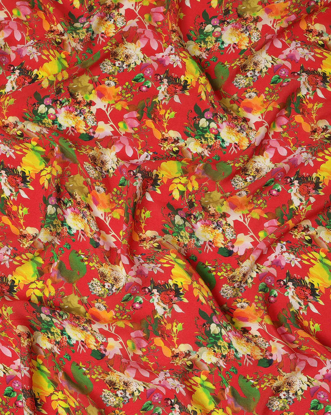 Red Floral Printed Premium Pure Silk Crepe Fabric Multicolor Botanical Garden Design Soft Lightweight Dress Material 110 Cms Width India-D27985