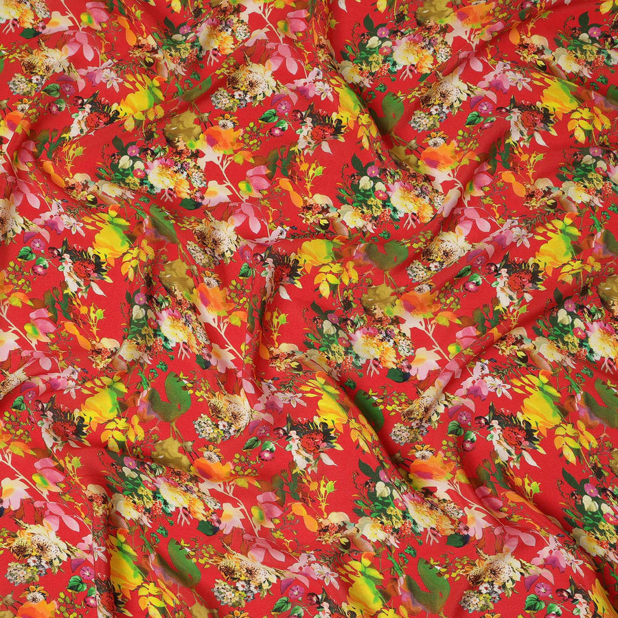 Red Floral Printed Premium Pure Silk Crepe Fabric Multicolor Botanical Garden Design Soft Lightweight Dress Material 110 Cms Width India-D27985