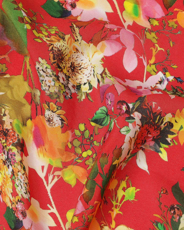 Red Floral Printed Premium Pure Silk Crepe Fabric Multicolor Botanical Garden Design Soft Lightweight Dress Material 110 Cms Width India-D27985