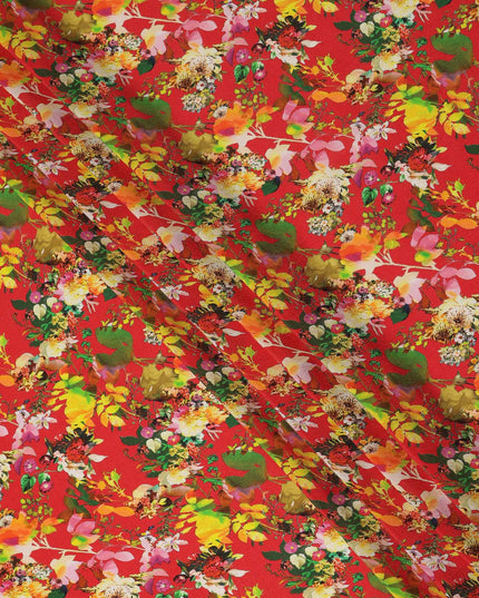 Red Floral Printed Premium Pure Silk Crepe Fabric Multicolor Botanical Garden Design Soft Lightweight Dress Material 110 Cms Width India-D27985