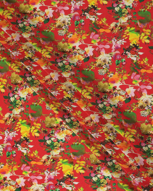 Red Floral Printed Premium Pure Silk Crepe Fabric Multicolor Botanical Garden Design Soft Lightweight Dress Material 110 Cms Width India-D27985