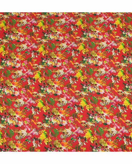 Red Floral Printed Premium Pure Silk Crepe Fabric Multicolor Botanical Garden Design Soft Lightweight Dress Material 110 Cms Width India-D27985