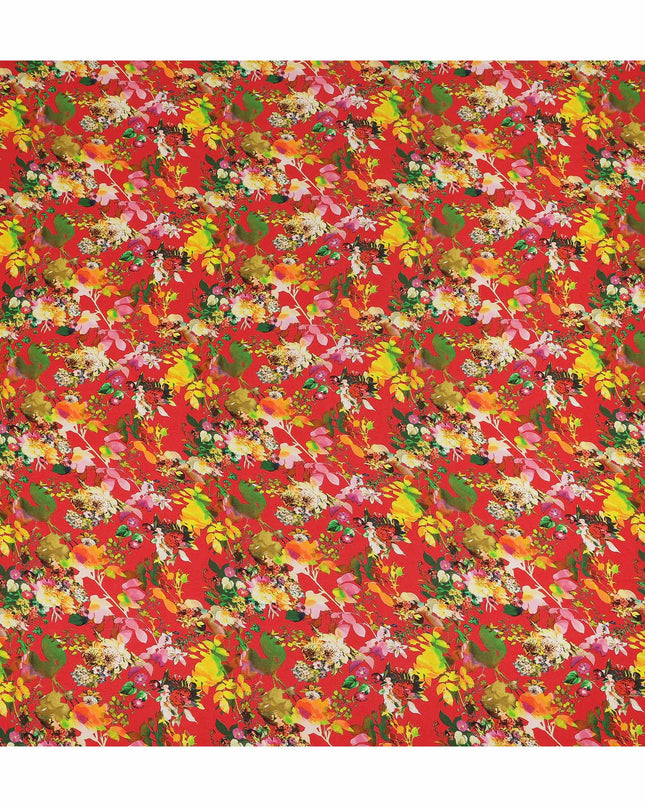 Red Floral Printed Premium Pure Silk Crepe Fabric Multicolor Botanical Garden Design Soft Lightweight Dress Material 110 Cms Width India-D27985