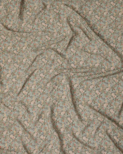 Sage Green Small Floral Printed Premium Pure Silk Crepe Fabric Delicate Blossom Vine Design Soft Lightweight Dress Material 110 Cms Width India-D28005