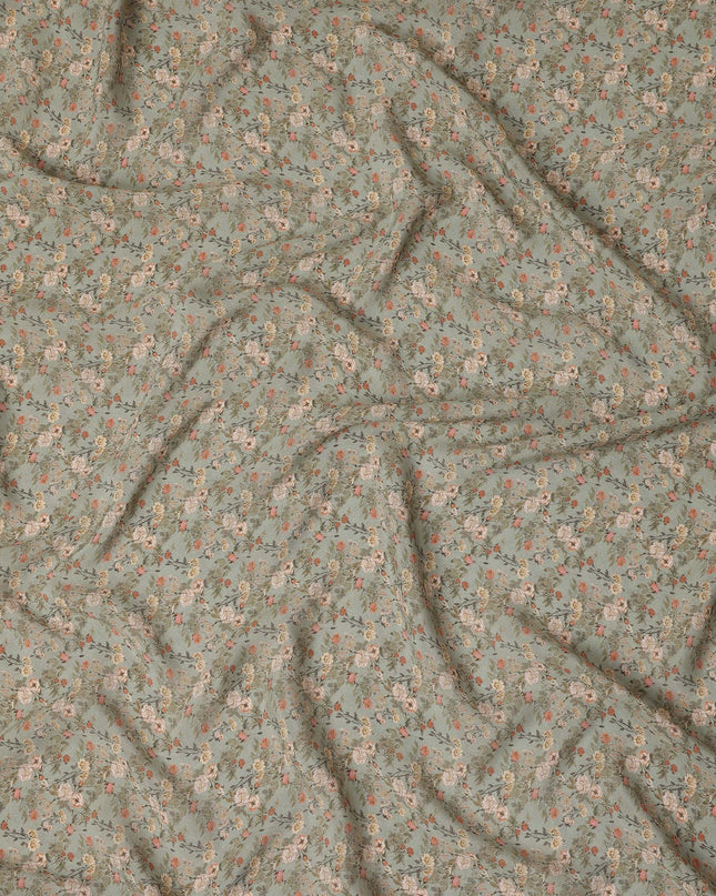Sage Green Small Floral Printed Premium Pure Silk Crepe Fabric Delicate Blossom Vine Design Soft Lightweight Dress Material 110 Cms Width India-D28005