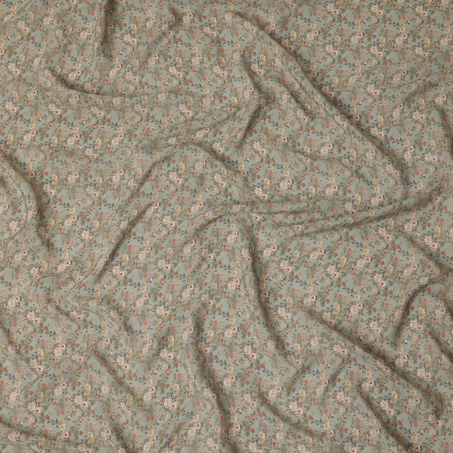 Sage Green Small Floral Printed Premium Pure Silk Crepe Fabric Delicate Blossom Vine Design Soft Lightweight Dress Material 110 Cms Width India-D28005