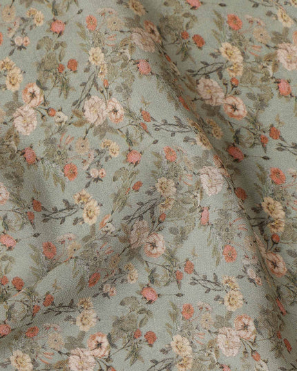 Sage Green Small Floral Printed Premium Pure Silk Crepe Fabric Delicate Blossom Vine Design Soft Lightweight Dress Material 110 Cms Width India-D28005