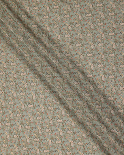 Sage Green Small Floral Printed Premium Pure Silk Crepe Fabric Delicate Blossom Vine Design Soft Lightweight Dress Material 110 Cms Width India-D28005