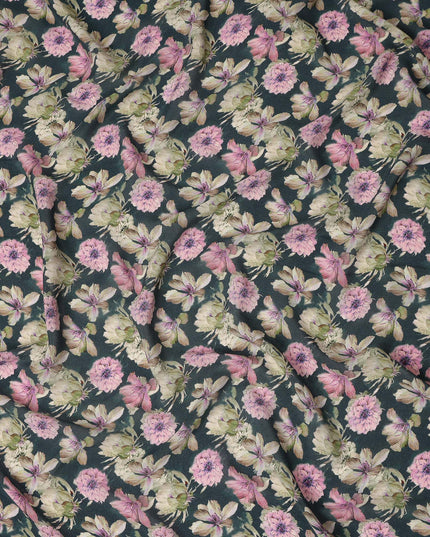 Dark Teal Floral Printed Premium Pure Silk Crepe Fabric Pink Blossom Garden Design Soft Lightweight Dress Material 110 Cms Width India-D28009 - Regal Fabrics