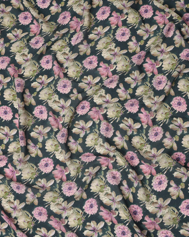 Dark Teal Floral Printed Premium Pure Silk Crepe Fabric Pink Blossom Garden Design Soft Lightweight Dress Material 110 Cms Width India-D28009