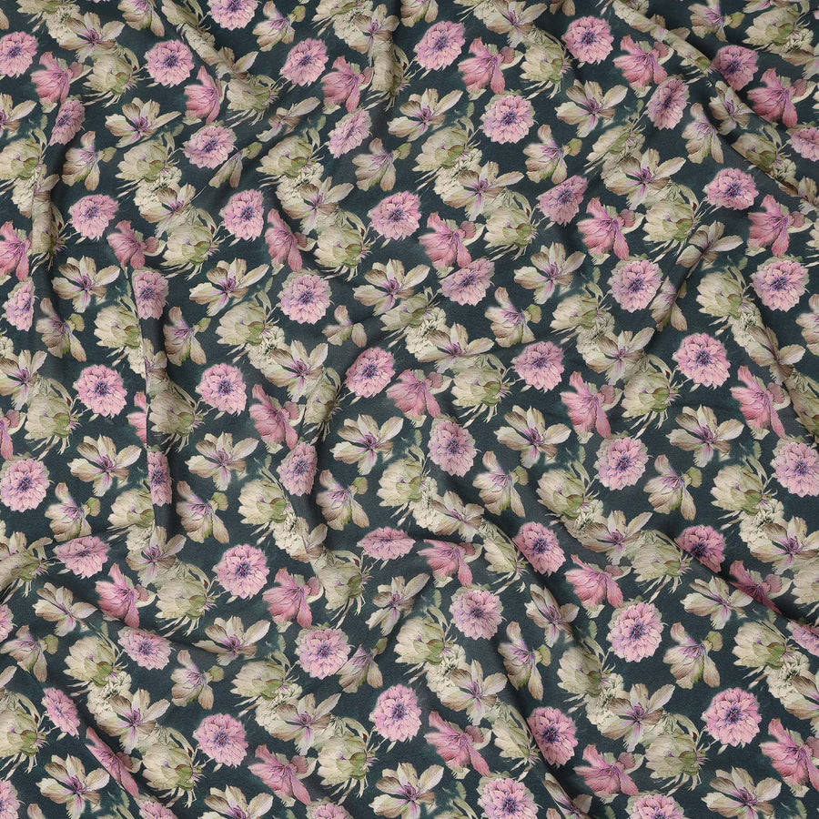 Dark Teal Floral Printed Premium Pure Silk Crepe Fabric Pink Blossom Garden Design Soft Lightweight Dress Material 110 Cms Width India-D28009 - Regal Fabrics