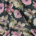 Dark Teal Floral Printed Premium Pure Silk Crepe Fabric Pink Blossom Garden Design Soft Lightweight Dress Material 110 Cms Width India-D28009 - Regal Fabrics
