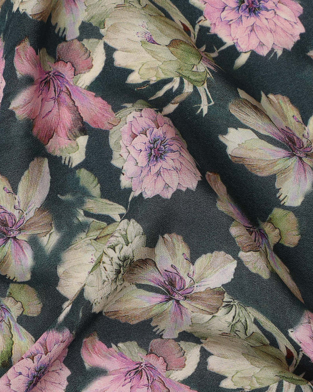 Dark Teal Floral Printed Premium Pure Silk Crepe Fabric Pink Blossom Garden Design Soft Lightweight Dress Material 110 Cms Width India-D28009