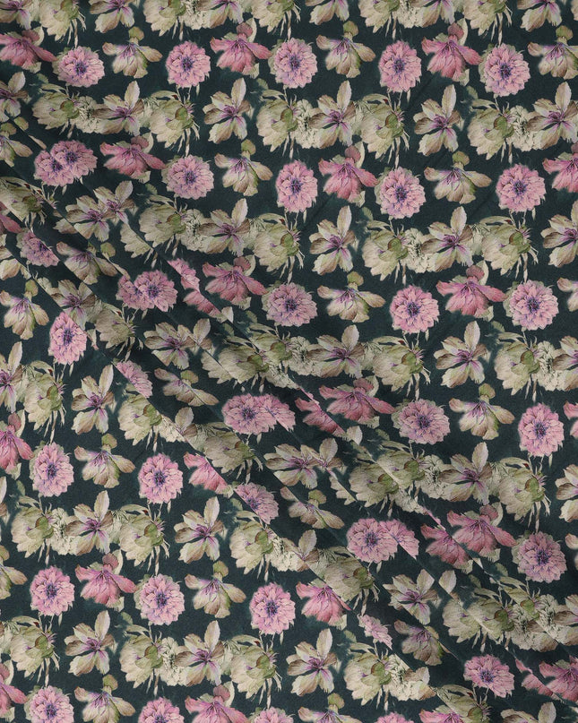 Dark Teal Floral Printed Premium Pure Silk Crepe Fabric Pink Blossom Garden Design Soft Lightweight Dress Material 110 Cms Width India-D28009