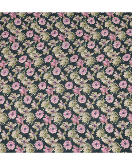 Dark Teal Floral Printed Premium Pure Silk Crepe Fabric Pink Blossom Garden Design Soft Lightweight Dress Material 110 Cms Width India-D28009 - Regal Fabrics