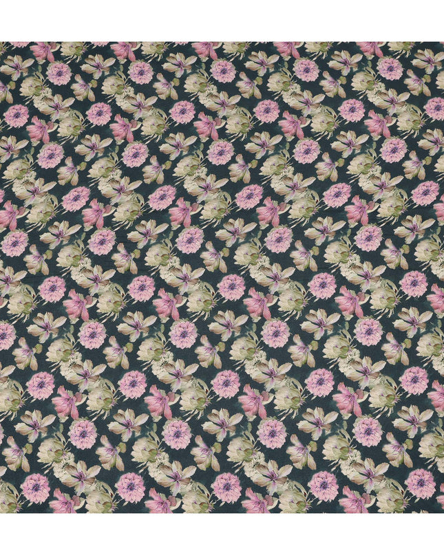 Dark Teal Floral Printed Premium Pure Silk Crepe Fabric Pink Blossom Garden Design Soft Lightweight Dress Material 110 Cms Width India-D28009