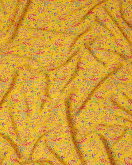 Yellow Abstract Leaf Printed Premium Pure Silk Crepe Fabric Multicolor Botanical Vine Design Soft Lightweight Dress Material 110 Cms Width India-D28010