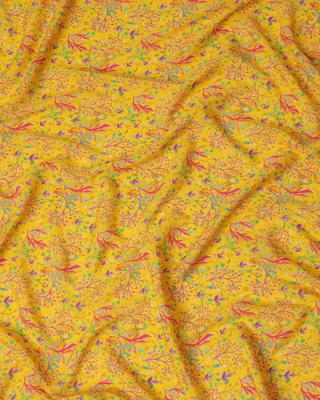 Yellow Abstract Leaf Printed Premium Pure Silk Crepe Fabric Multicolor Botanical Vine Design Soft Lightweight Dress Material 110 Cms Width India-D28010