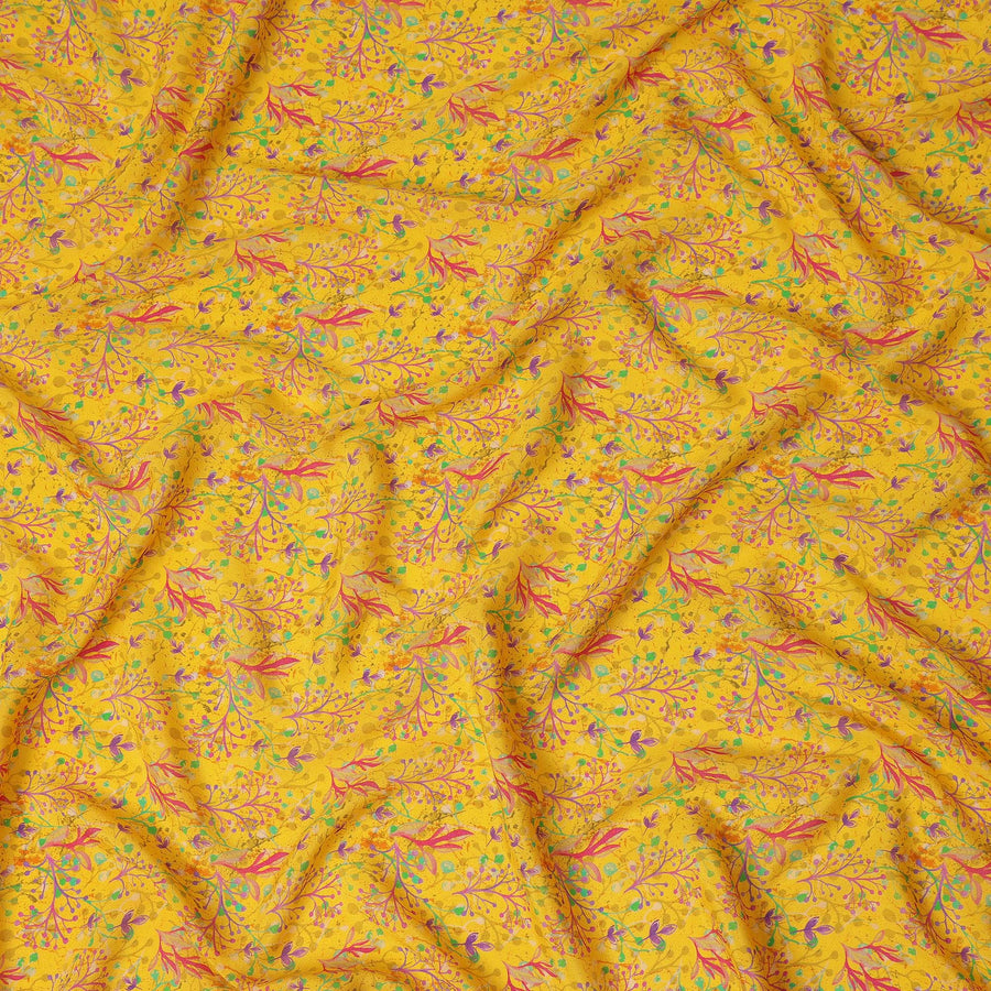 Yellow Abstract Leaf Printed Premium Pure Silk Crepe Fabric Multicolor Botanical Vine Design Soft Lightweight Dress Material 110 Cms Width India-D28010