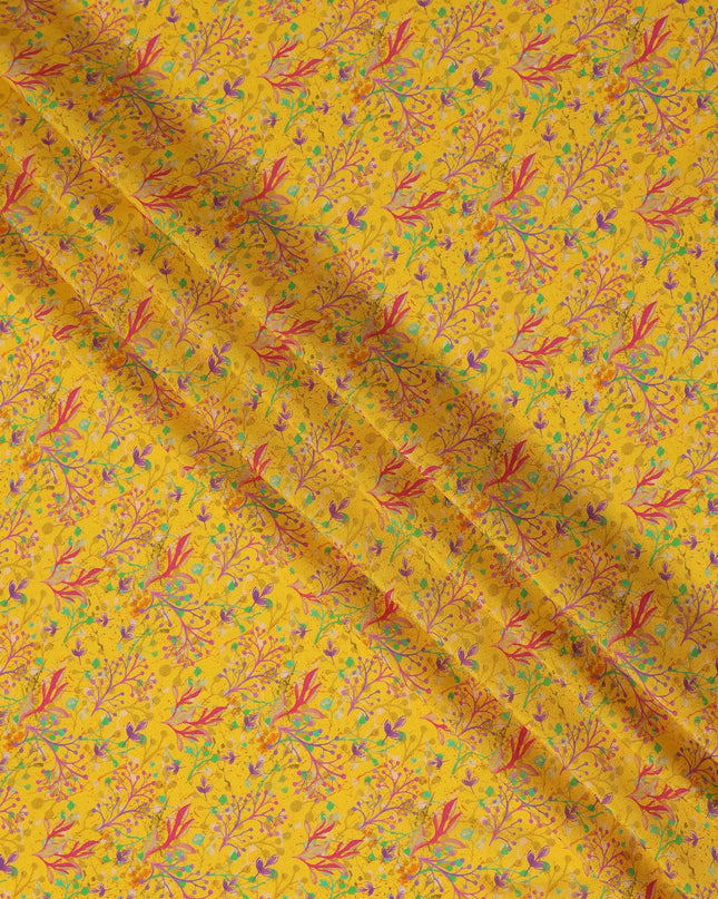 Yellow Abstract Leaf Printed Premium Pure Silk Crepe Fabric Multicolor Botanical Vine Design Soft Lightweight Dress Material 110 Cms Width India-D28010