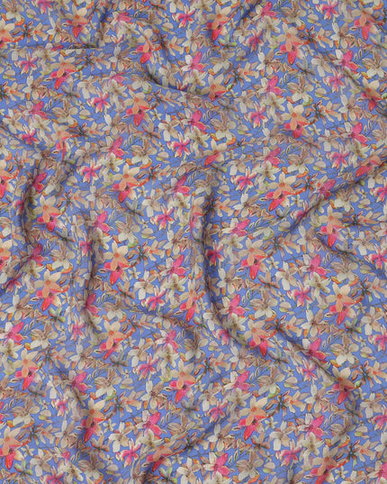 Blue Floral Printed Premium Pure Silk Crepe Fabric Pink Blossom Garden Design Soft Lightweight Dress Material 110 Cms Width India-D27996 - Regal Fabrics