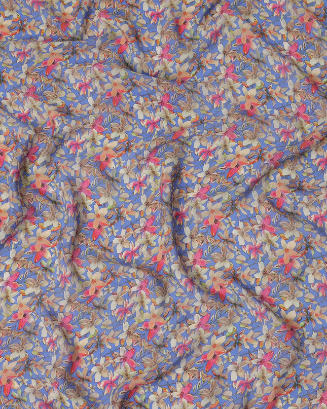 Blue Floral Printed Premium Pure Silk Crepe Fabric Pink Blossom Garden Design Soft Lightweight Dress Material 110 Cms Width India-D27996