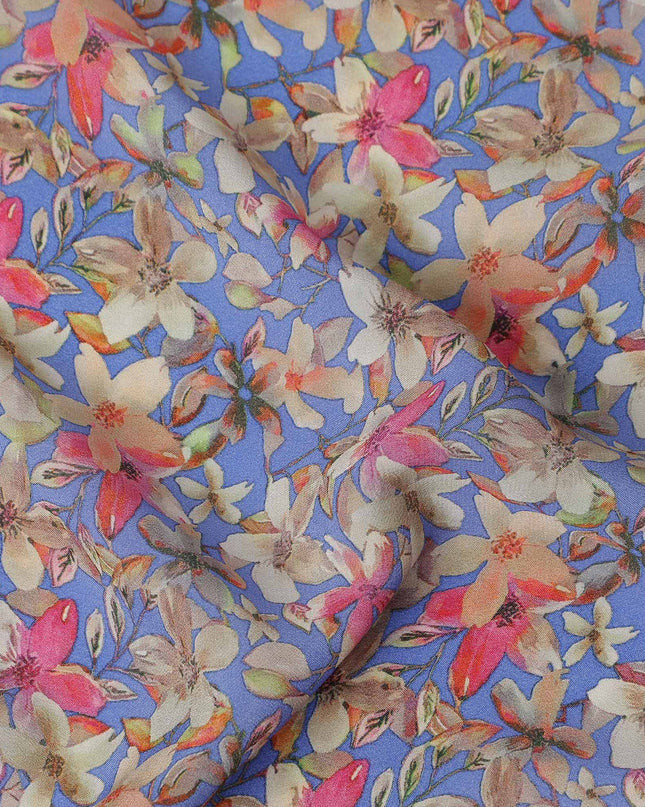 Blue Floral Printed Premium Pure Silk Crepe Fabric Pink Blossom Garden Design Soft Lightweight Dress Material 110 Cms Width India-D27996