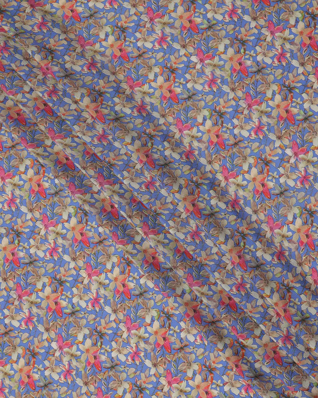 Blue Floral Printed Premium Pure Silk Crepe Fabric Pink Blossom Garden Design Soft Lightweight Dress Material 110 Cms Width India-D27996