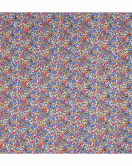 Blue Floral Printed Premium Pure Silk Crepe Fabric Pink Blossom Garden Design Soft Lightweight Dress Material 110 Cms Width India-D27996 - Regal Fabrics