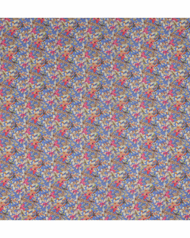 Blue Floral Printed Premium Pure Silk Crepe Fabric Pink Blossom Garden Design Soft Lightweight Dress Material 110 Cms Width India-D27996