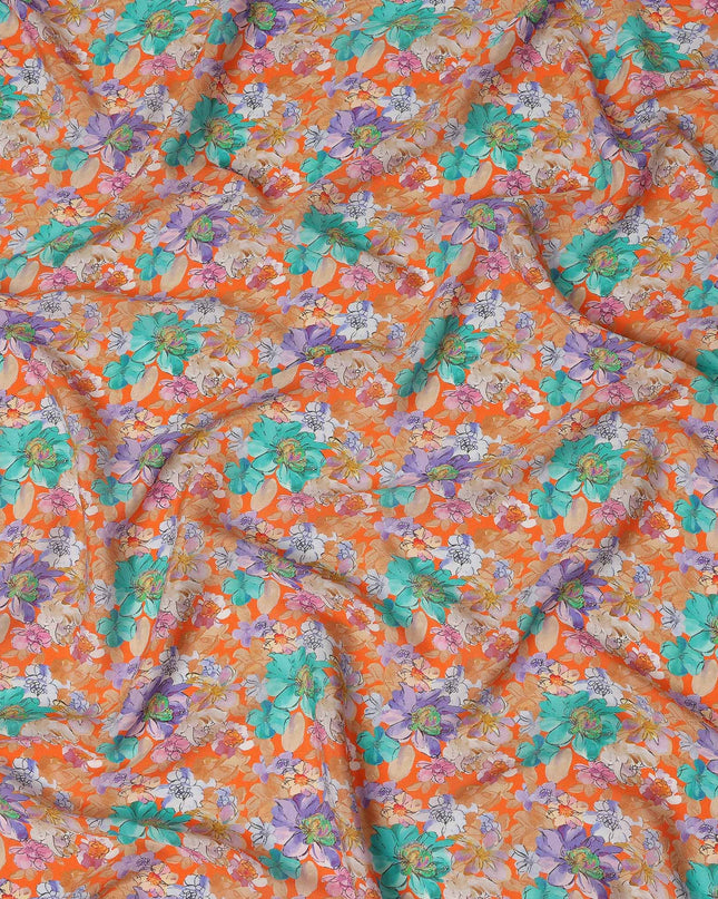 Orange Multicolor Floral Printed Premium Pure Silk Crepe Fabric Large Blossom Garden Design Soft Lightweight Dress Material 110 Cms Width India-D28007