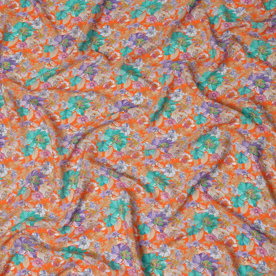 Orange Multicolor Floral Printed Premium Pure Silk Crepe Fabric Large Blossom Garden Design Soft Lightweight Dress Material 110 Cms Width India-D28007