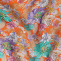 Orange Multicolor Floral Printed Premium Pure Silk Crepe Fabric Large Blossom Garden Design Soft Lightweight Dress Material 110 Cms Width India-D28007
