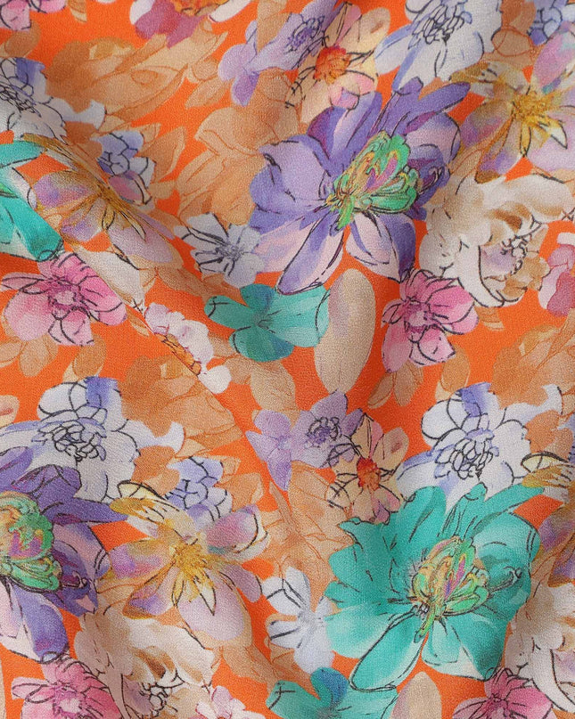 Orange Multicolor Floral Printed Premium Pure Silk Crepe Fabric Large Blossom Garden Design Soft Lightweight Dress Material 110 Cms Width India-D28007