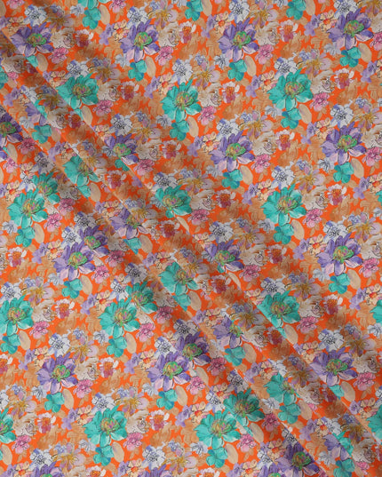 Orange Multicolor Floral Printed Premium Pure Silk Crepe Fabric Large Blossom Garden Design Soft Lightweight Dress Material 110 Cms Width India-D28007