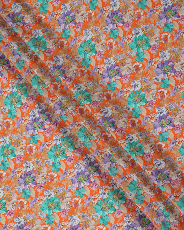 Orange Multicolor Floral Printed Premium Pure Silk Crepe Fabric Large Blossom Garden Design Soft Lightweight Dress Material 110 Cms Width India-D28007