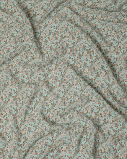 Mint Green Small Floral Printed Premium Pure Silk Crepe Fabric Delicate Blossom Vine Design Soft Lightweight Dress Material 110 Cms Width India-D28006