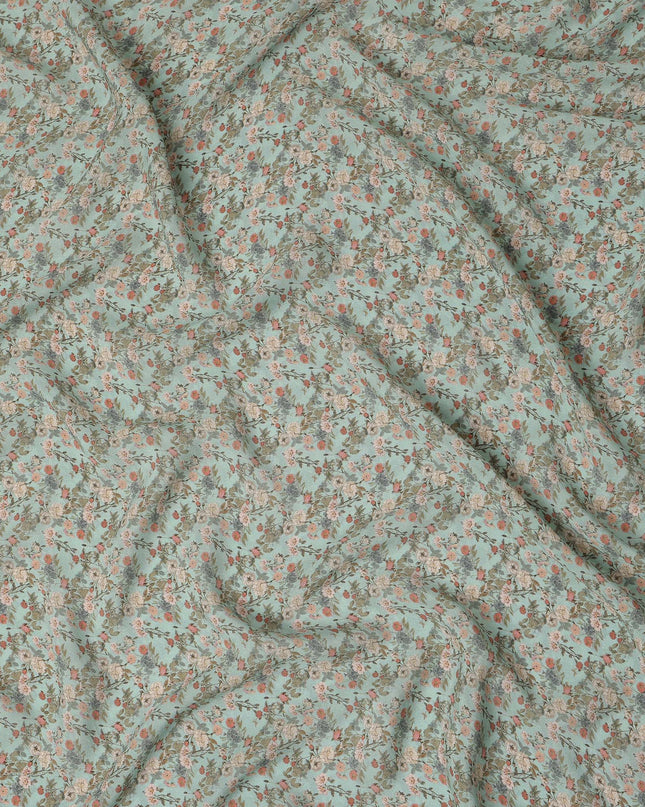 Mint Green Small Floral Printed Premium Pure Silk Crepe Fabric Delicate Blossom Vine Design Soft Lightweight Dress Material 110 Cms Width India-D28006