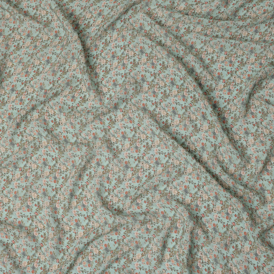 Mint Green Small Floral Printed Premium Pure Silk Crepe Fabric Delicate Blossom Vine Design Soft Lightweight Dress Material 110 Cms Width India-D28006