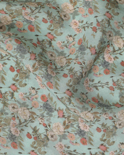 Mint Green Small Floral Printed Premium Pure Silk Crepe Fabric Delicate Blossom Vine Design Soft Lightweight Dress Material 110 Cms Width India-D28006