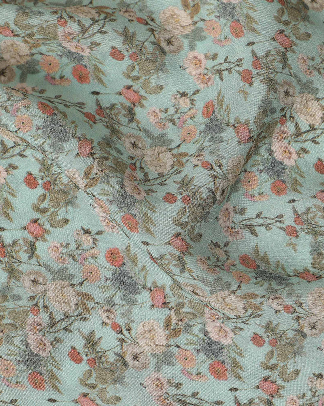 Mint Green Small Floral Printed Premium Pure Silk Crepe Fabric Delicate Blossom Vine Design Soft Lightweight Dress Material 110 Cms Width India-D28006