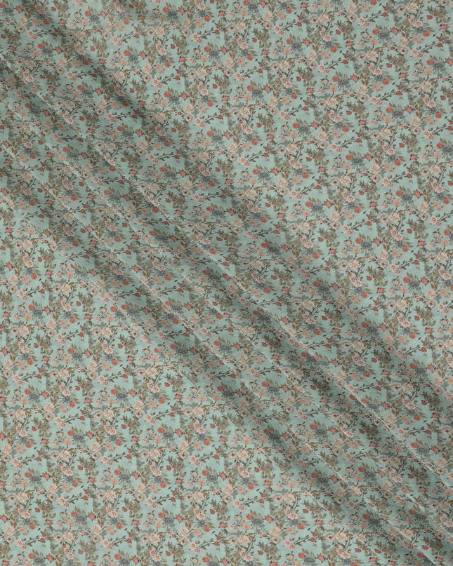 Mint Green Small Floral Printed Premium Pure Silk Crepe Fabric Delicate Blossom Vine Design Soft Lightweight Dress Material 110 Cms Width India-D28006