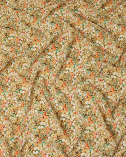 Mustard Floral Printed Premium Pure Silk Crepe Fabric Orange Blossom Garden Design Soft Lightweight Dress Material 110 Cms Width India-D27997 - Regal Fabrics