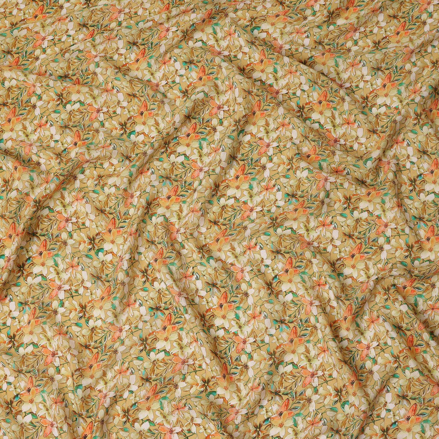 Mustard Floral Printed Premium Pure Silk Crepe Fabric Orange Blossom Garden Design Soft Lightweight Dress Material 110 Cms Width India-D27997 - Regal Fabrics