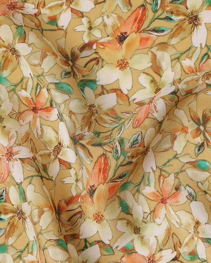 Mustard Floral Printed Premium Pure Silk Crepe Fabric Orange Blossom Garden Design Soft Lightweight Dress Material 110 Cms Width India-D27997 - Regal Fabrics