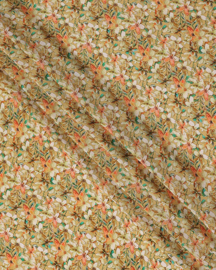 Mustard Floral Printed Premium Pure Silk Crepe Fabric Orange Blossom Garden Design Soft Lightweight Dress Material 110 Cms Width India-D27997 - Regal Fabrics