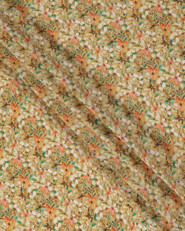 Mustard Floral Printed Premium Pure Silk Crepe Fabric Orange Blossom Garden Design Soft Lightweight Dress Material 110 Cms Width India-D27997